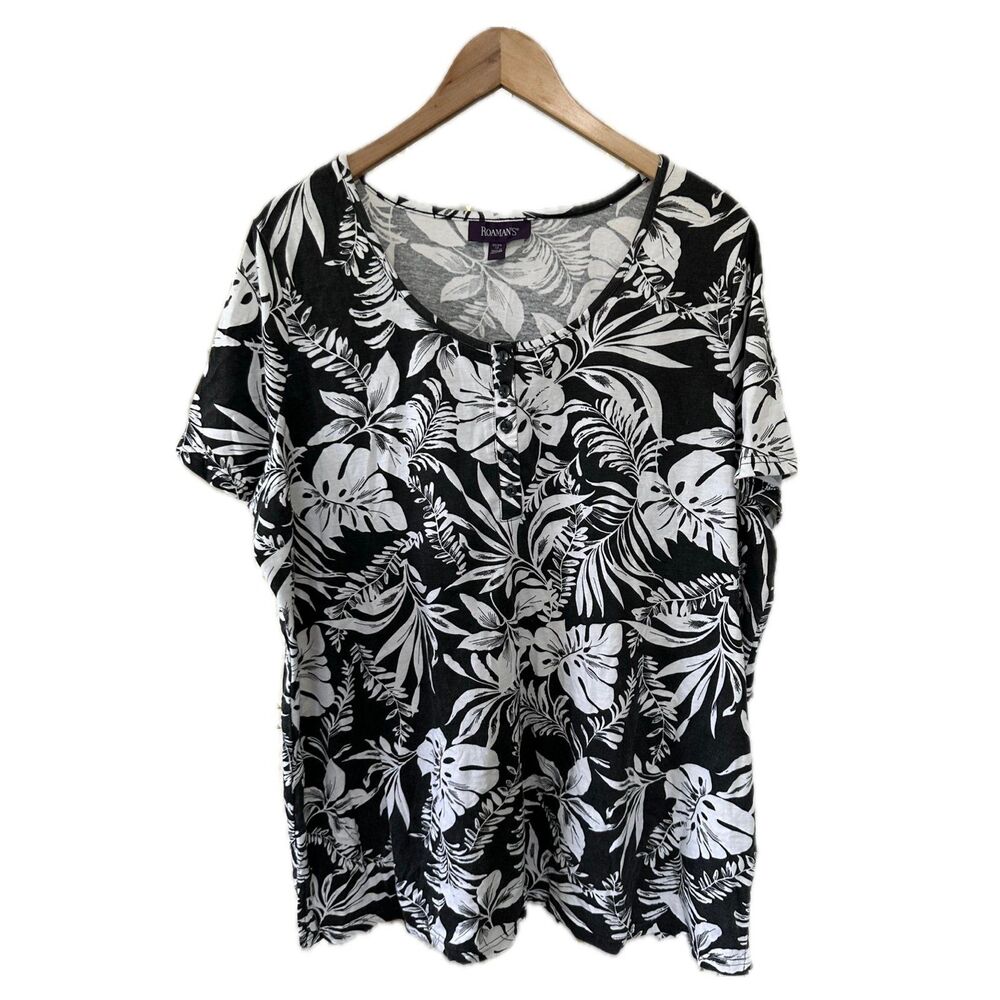 Roaman's Hawaiian Tropical Monstera Leaves Scoop Quarter Button Blouse 1X